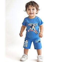 Babyhug Disney Single Jersey Knit Half Sleeves T-Shirt & Shorts Set with Mickey Mouse Graphics - Blue