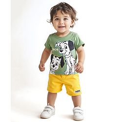 Babyhug Disney Single Jersey Knit Half Sleeves T-Shirt & Shorts Set with 101 Dalmatian Graphics - Olive Green & Yellow