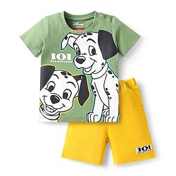Babyhug Disney Single Jersey Knit Half Sleeves T-Shirt & Shorts Set with 101 Dalmatian Graphics - Olive Green & Yellow