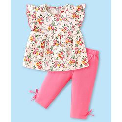 Babyhug Single Jersey Knit Frill Sleeves Floral Printed Top & Capri Set with Bow Applique - Pink