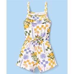 Babyhug Cotton Knit Sleeveless Jumpsuit with Tropical Theme Print - White