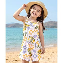Babyhug 100% Cotton Knit Sleeveless Jumpsuit with Tropical Theme Print - White