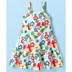 Babyhug Single Jersey Knit Sleeveless Frock With Floral & Leaf Print - White