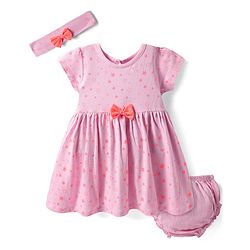 Babyhug Single Jersey Knit Half Sleeves Stars Printed Frock with Bloomer Headband & Bow Applique - Pink