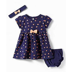 Babyhug Single Jersey Knit Half Sleeves Anti Bacterial Heart Printed Frock with  Bow Applique Bloomer & Headband - Navy Blue