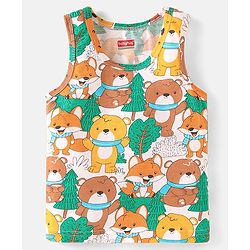 Babyhug 100% Cotton Knit Sleeveless Sando with Bear Print - White Yellow & Brown
