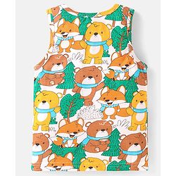 Babyhug 100% Cotton Knit Sleeveless Sando with Bear Print - White Yellow & Brown