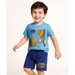 Babyhug Marvel Single Jersey Knit Half Sleeves T-Shirt & Shorts Set With Avengers Graphics & Gold Foil Detailing - Blue