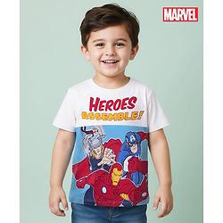 Babyhug Marvel Single Jersey Knit Half Sleeves Cut & Sew T-Shirt with Avengers Graphics - White & Light Blue