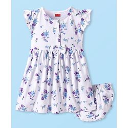 Babyhug Cotton Woven Frill Sleeves Frock With Floral Print & Bloomer - White