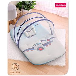 Babyhug 100% Cotton Digital Print Mattress Set with Mosquito Net Aeroplane Theme - White