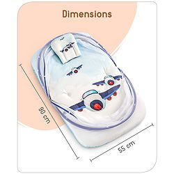 Babyhug 100% Cotton Digital Print Mattress Set with Mosquito Net Aeroplane Theme - White