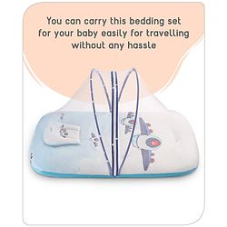 Babyhug 100% Cotton Digital Print Mattress Set with Mosquito Net Aeroplane Theme - White