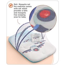 Babyhug 100% Cotton Digital Print Mattress Set with Mosquito Net Aeroplane Theme - White