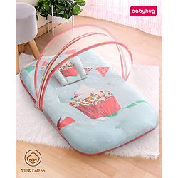 Babyhug 100% Cotton Digital Print Mattress Set with Mosquito Net Aeroplane Theme - White