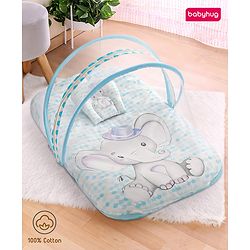 Babyhug 100% Cotton Digital Print Mattress Set with Mosquito Net Aeroplane Theme - White
