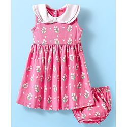 Babyhug Cotton Woven Sleeveless Frock & Bloomer with Floral Print - Pink