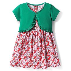 Babyhug Cotton Woven Floral Printed Frock with Half Sleeves Shrug - Red & Green