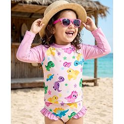 Babyhug Cotton Water Repellant Full Sleeves Two Piece Swimsuit With Dino Print - Pink