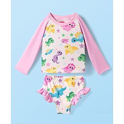 Babyhug Cotton Water Repellant Full Sleeves Two Piece Swimsuit With Dino Print - Pink