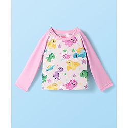 Babyhug Cotton Water Repellant Full Sleeves Two Piece Swimsuit With Dino Print - Pink