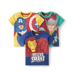 Babyhug Marvel Single Jersey Knit Half Sleeves T-Shirt With Avengers Graphic Pack Of 3 - Navy Blue Yellow & Green