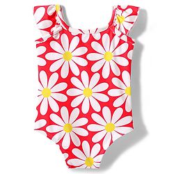 Babyhug Cotton Water Repellant Sleeveless V Cut Swim Suit With Floral Print - Red