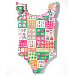 Babyhug Cotton Sleeveless Water Repellent Tropical Print V Cut Swimsuit - Pink