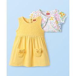 Babyhug Cotton Knit Frock & Half Sleeves Shrug With Floral Print & Bow Applique - Yellow