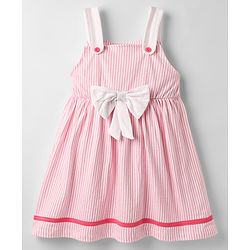 Babyhug Cotton Knit Sleeveless Striped Frock with Bow Applique - Pink
