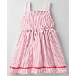 Babyhug Cotton Knit Sleeveless Striped Frock with Bow Applique - Pink
