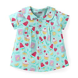 Babyhug Cotton Knit Half Sleeves Peter Pan Collared Shorts Co-ords Night Suit with Fruits Print - Aqua Blue