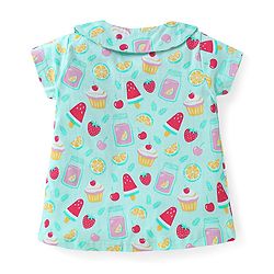 Babyhug Cotton Knit Half Sleeves Peter Pan Collared Shorts Co-ords Night Suit with Fruits Print - Aqua Blue