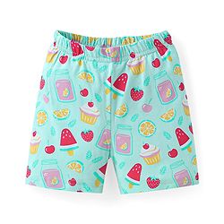 Babyhug Cotton Knit Half Sleeves Peter Pan Collared Shorts Co-ords Night Suit with Fruits Print - Aqua Blue