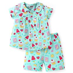 Babyhug Cotton Knit Half Sleeves Peter Pan Collared Shorts Co-ords Night Suit with Fruits Print - Aqua Blue