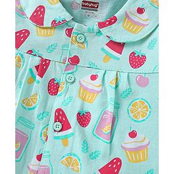 Babyhug Cotton Knit Half Sleeves Peter Pan Collared Shorts Co-ords Night Suit with Fruits Print - Aqua Blue