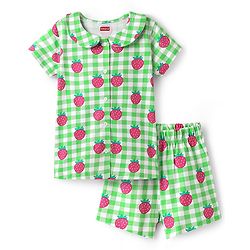 Babyhug Cotton Knit Half Sleeves Co-ords Peter Pan Collared Front Open Shorts Night Suit with Checks & Strawberry Print - Light Green