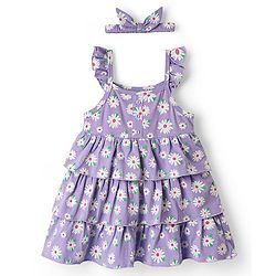 Babyhug Cotton Knit Sleeveless Frock With Floral Print & Headband - Lilac