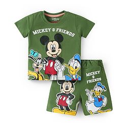 Babyhug Disney Single Jersey Knit Half Sleeves T-Shirt & Shorts Set With Mickey & Friends Graphics - Green