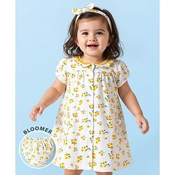 Babyhug Cotton Woven Peter Pan Collar Puffed Half Sleeves Frock Bloomer & Headband With Floral Print - White