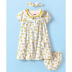 Babyhug Cotton Woven Peter Pan Collar Puffed Half Sleeves Frock Bloomer & Headband With Floral Print - White