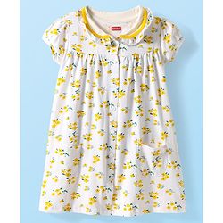 Babyhug Cotton Woven Peter Pan Collar Puffed Half Sleeves Frock Bloomer & Headband With Floral Print - White