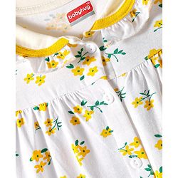 Babyhug Cotton Woven Peter Pan Collar Puffed Half Sleeves Frock Bloomer & Headband With Floral Print - White