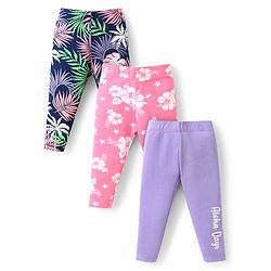 Babyhug Cotton Lycra Knit Full Length Leggings With Floral & Leaves Print Pack Of 3 - Pink Purple & Navy Blue