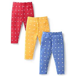 Babyhug Cotton Lycra Full Length Leggings With Polka Dots Print Pack Of 3 - Blue Red & Yellow