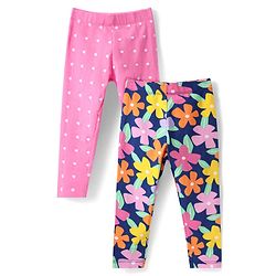 Babyhug Cotton Lycra Full Length Skinny Fit Leggings with Stretch Floral & Polka Dot Print Pack of 2 - Pink & Navy