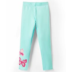 Babyhug Cotton Knit Full Length Leggings with Butterfly Print - Light Blue