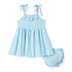 Babyhug 100% Cotton Sleeveless Solid Coloured Frock With Bloomer - Light Blue