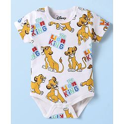 Babyhug Disney Cotton Knit Half Sleeves Onesies With The Lion King Print - White