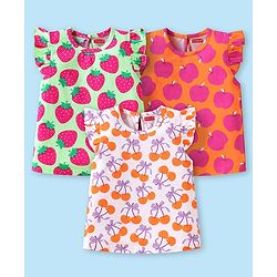 Babyhug Cotton Knit Frill Sleeves Fruits Printed Tops Pack of 3 - Orange Light Green & White